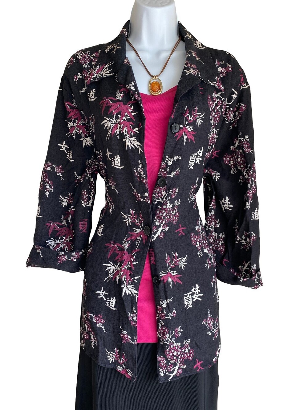 VTG Dressbarn L Black Floral Button Up Tunic Layered Blouse Asian Art Kimono